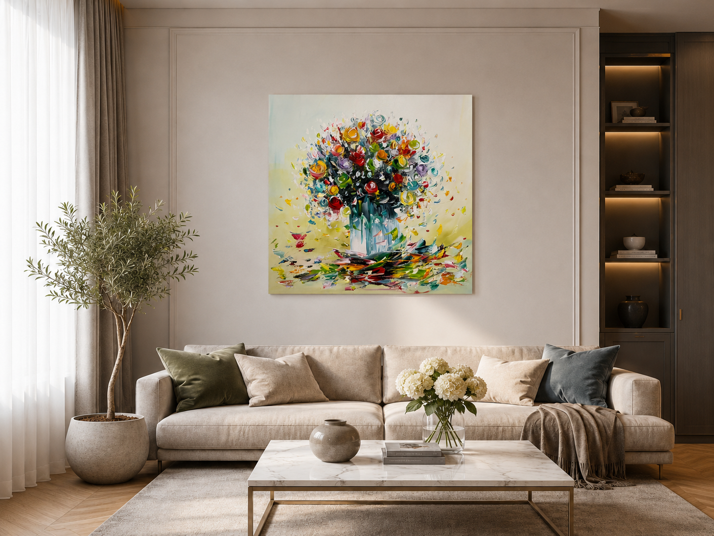 Original abstraktes Blumenbild auf Leinwand – Buntes Blumenbouquet in Vase, Wandkunst 80 × 80 cm