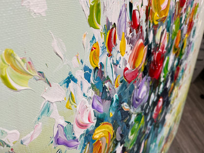 Original abstraktes Blumenbild auf Leinwand – Buntes Blumenbouquet in Vase, Wandkunst 80 × 80 cm