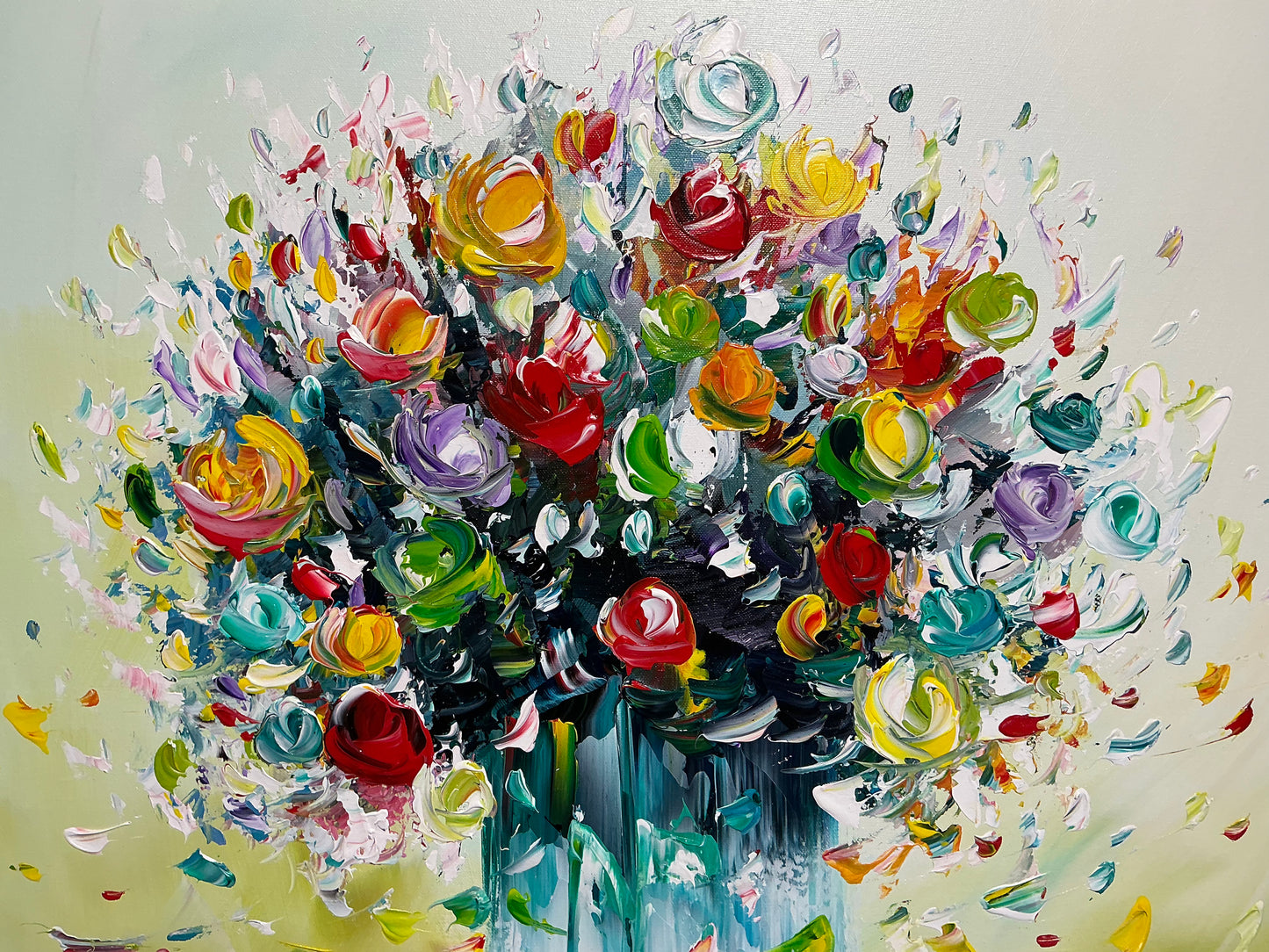 Original abstraktes Blumenbild auf Leinwand – Buntes Blumenbouquet in Vase, Wandkunst 80 × 80 cm