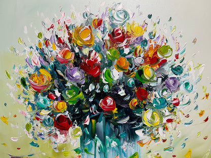Original abstraktes Blumenbild auf Leinwand – Buntes Blumenbouquet in Vase, Wandkunst 80 × 80 cm