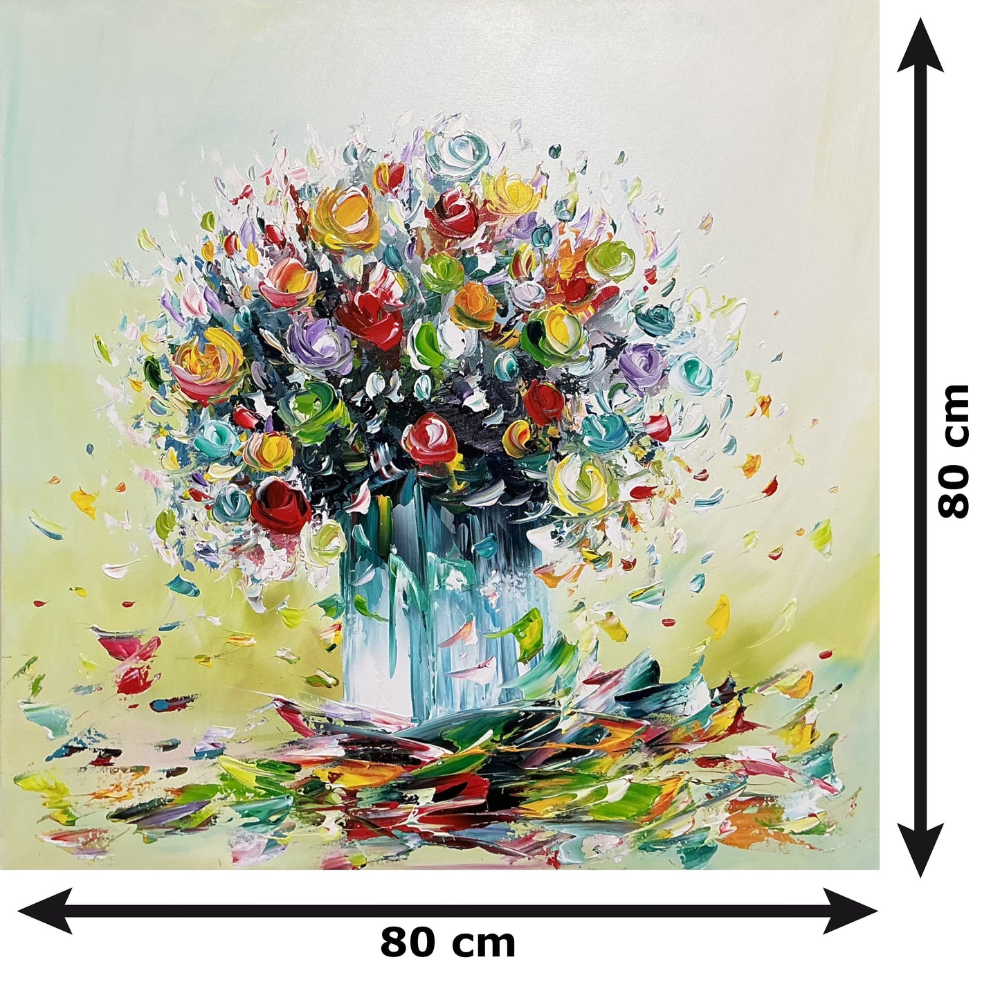 Original abstraktes Blumenbild auf Leinwand – Buntes Blumenbouquet in Vase, Wandkunst 80 × 80 cm
