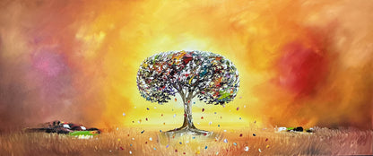 Original abstraktes Baumgemälde auf Leinwand – Warme Sonnenuntergangslandschaft Wandkunst 140 × 60 cm  Beschreibung