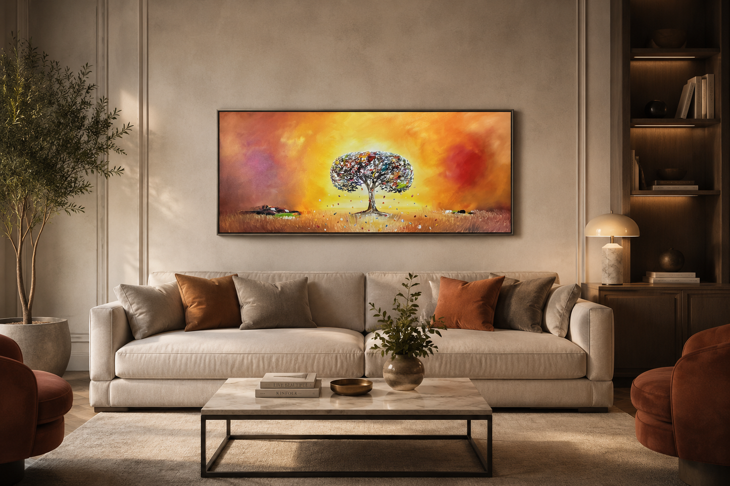 Original abstraktes Baumgemälde auf Leinwand – Warme Sonnenuntergangslandschaft Wandkunst 140 × 60 cm  Beschreibung