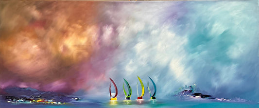 Original Abstraktes Seestück Gemälde auf Leinwand – Bunte Segelboote Wandkunst 140 × 60 cm