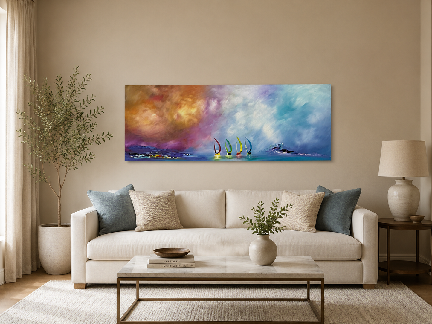 Original Abstraktes Seestück Gemälde auf Leinwand – Bunte Segelboote Wandkunst 140 × 60 cm
