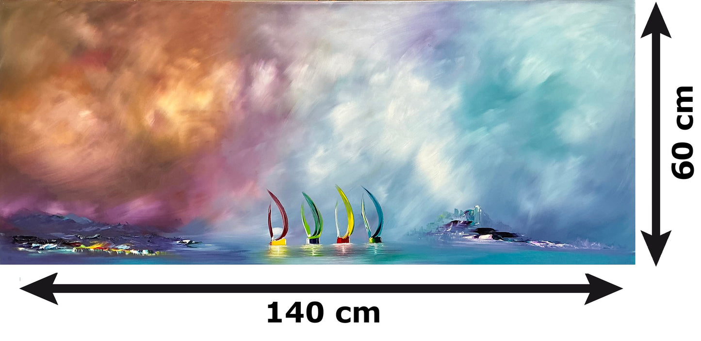 Original Abstraktes Seestück Gemälde auf Leinwand – Bunte Segelboote Wandkunst 140 × 60 cm