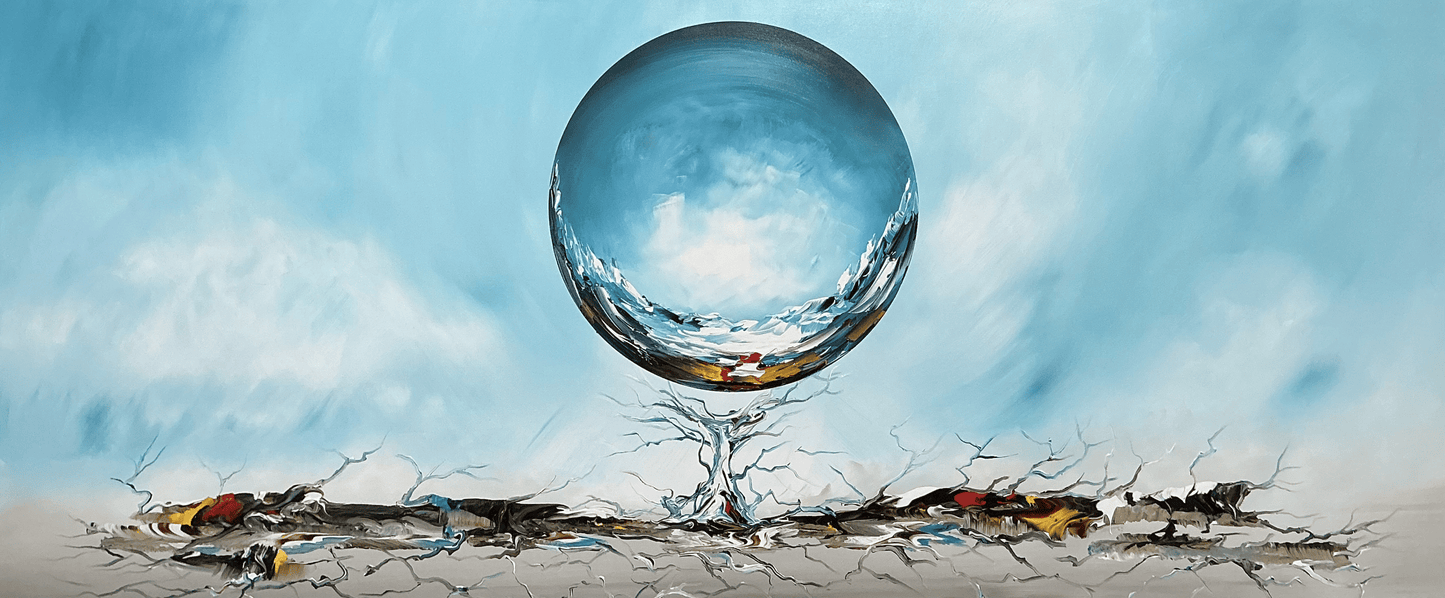 Original abstraktes Kugelgemälde auf Leinwand – Blaue surreale Landschaft Wandkunst 140 × 60 cm