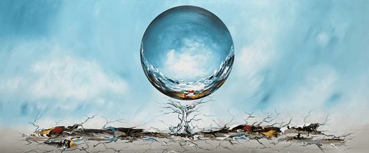 Original abstraktes Kugelgemälde auf Leinwand – Blaue surreale Landschaft Wandkunst 140 × 60 cm