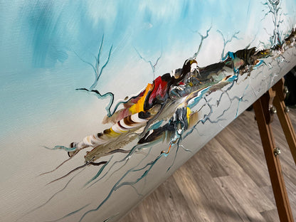 Original abstraktes Kugelgemälde auf Leinwand – Blaue surreale Landschaft Wandkunst 140 × 60 cm