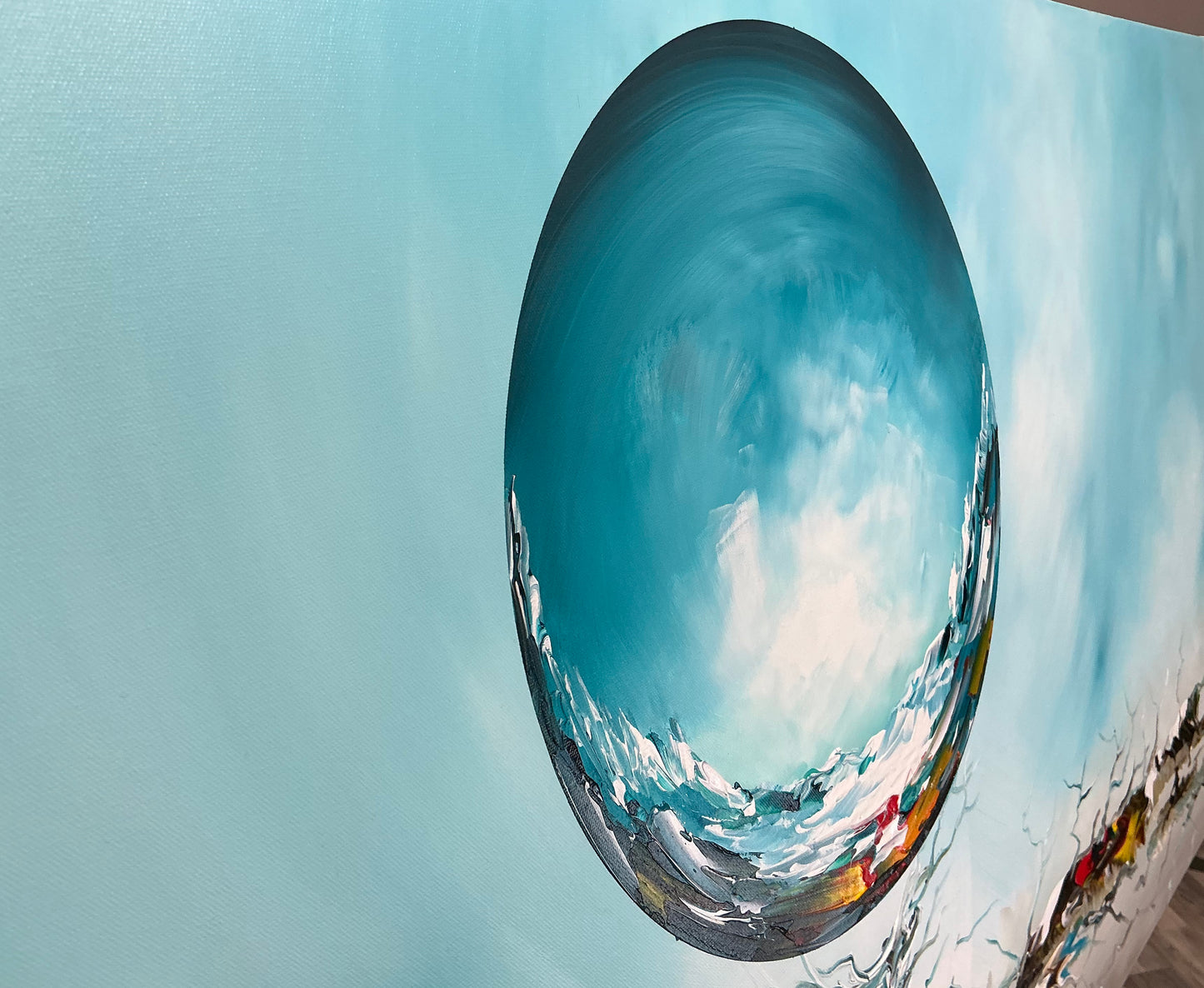 Original abstraktes Kugelgemälde auf Leinwand – Blaue surreale Landschaft Wandkunst 140 × 60 cm