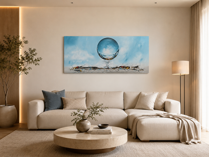 Original abstraktes Kugelgemälde auf Leinwand – Blaue surreale Landschaft Wandkunst 140 × 60 cm