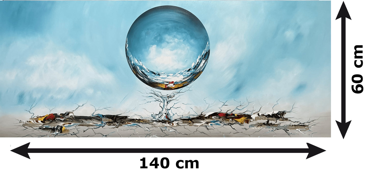 Original abstraktes Kugelgemälde auf Leinwand – Blaue surreale Landschaft Wandkunst 140 × 60 cm