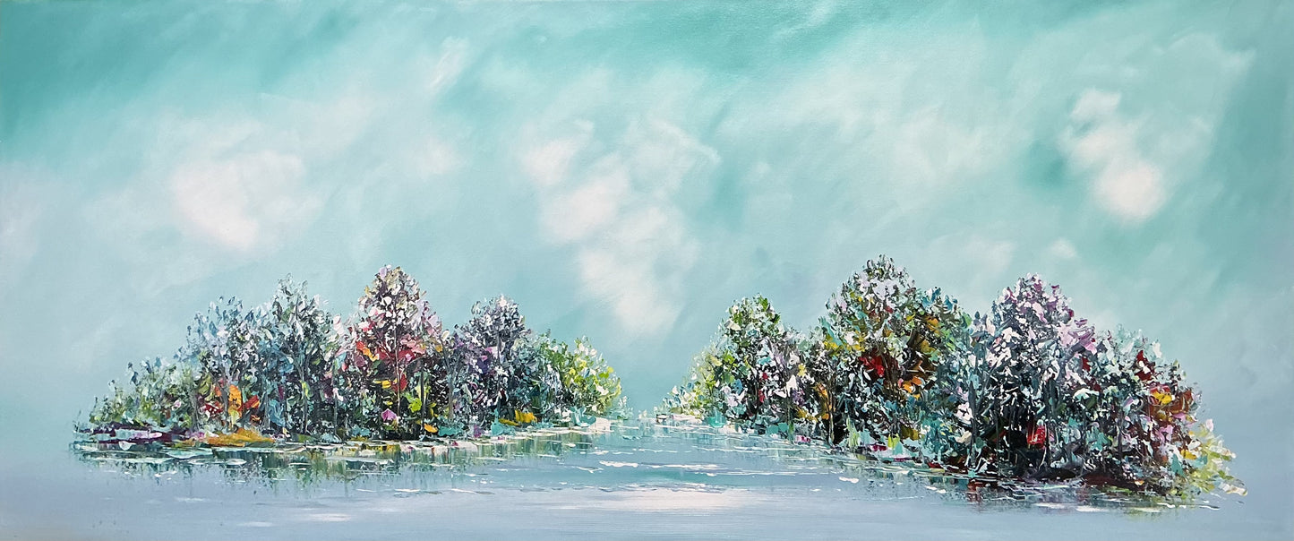 Original abstraktes Landschaftsgemälde auf Leinwand – Türkiser Waldsee Wandkunst 140 × 60 cm