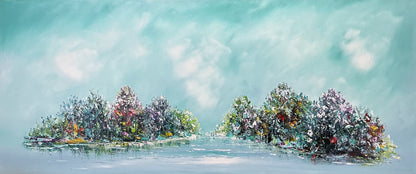Original abstraktes Landschaftsgemälde auf Leinwand – Türkiser Waldsee Wandkunst 140 × 60 cm