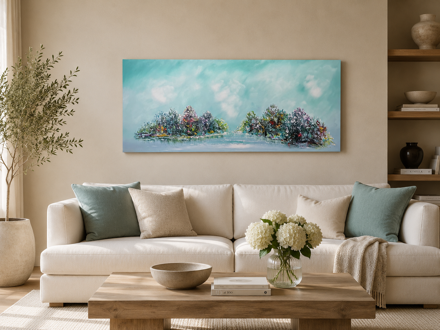 Original abstraktes Landschaftsgemälde auf Leinwand – Türkiser Waldsee Wandkunst 140 × 60 cm