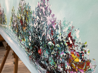 Original abstraktes Landschaftsgemälde auf Leinwand – Türkiser Waldsee Wandkunst 140 × 60 cm