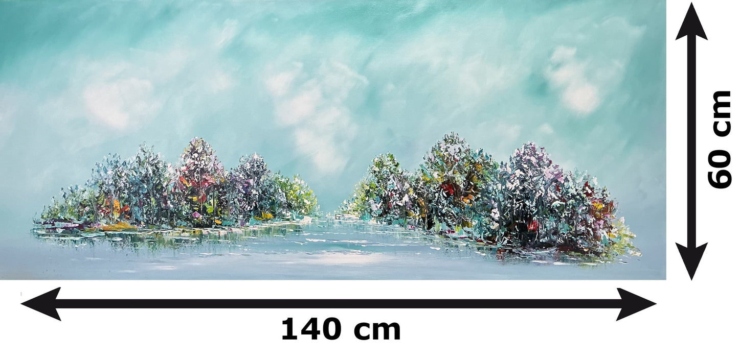 Original abstraktes Landschaftsgemälde auf Leinwand – Türkiser Waldsee Wandkunst 140 × 60 cm