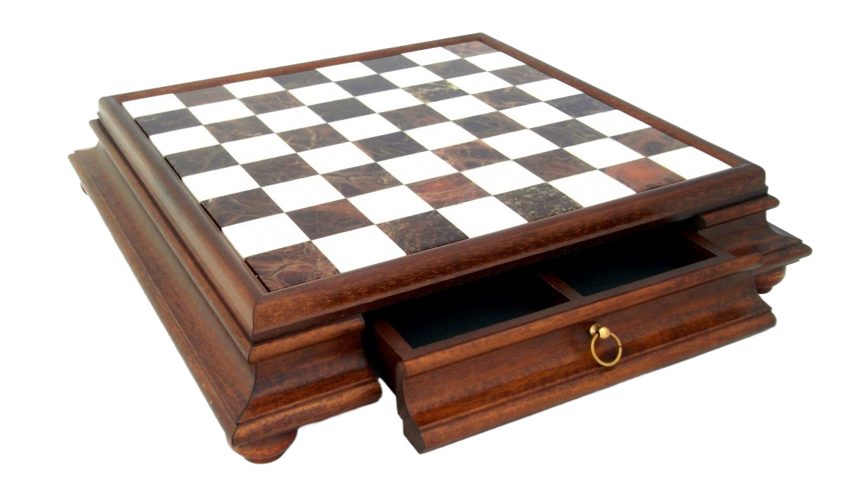 Luxuriöses Schachbrett aus Holz mit Marmorplatte und Schublade – Handgefertigtes italienisches Design