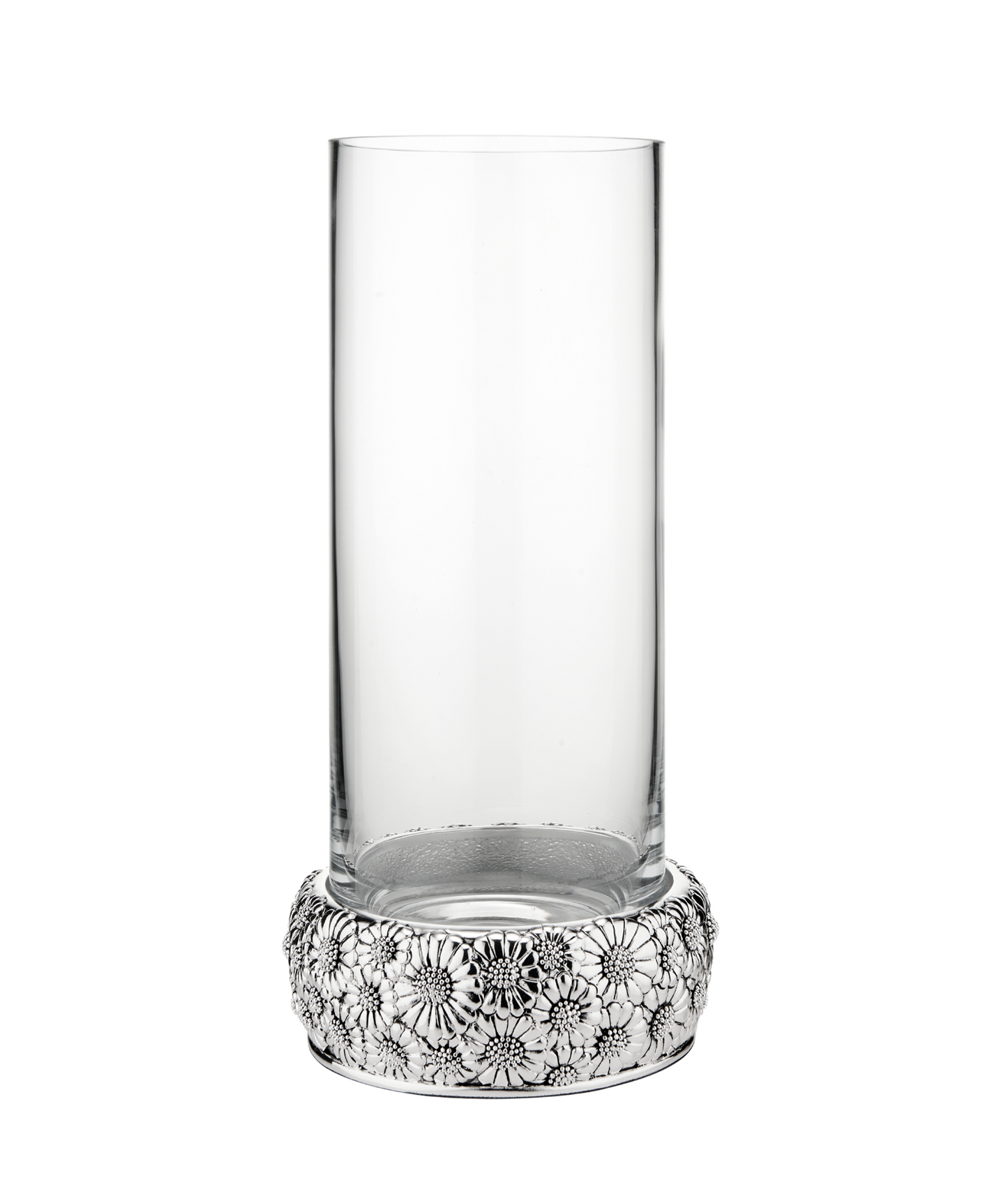 Elegante Glasvase mit silberfarbenem, blumig texturiertem Sockel
