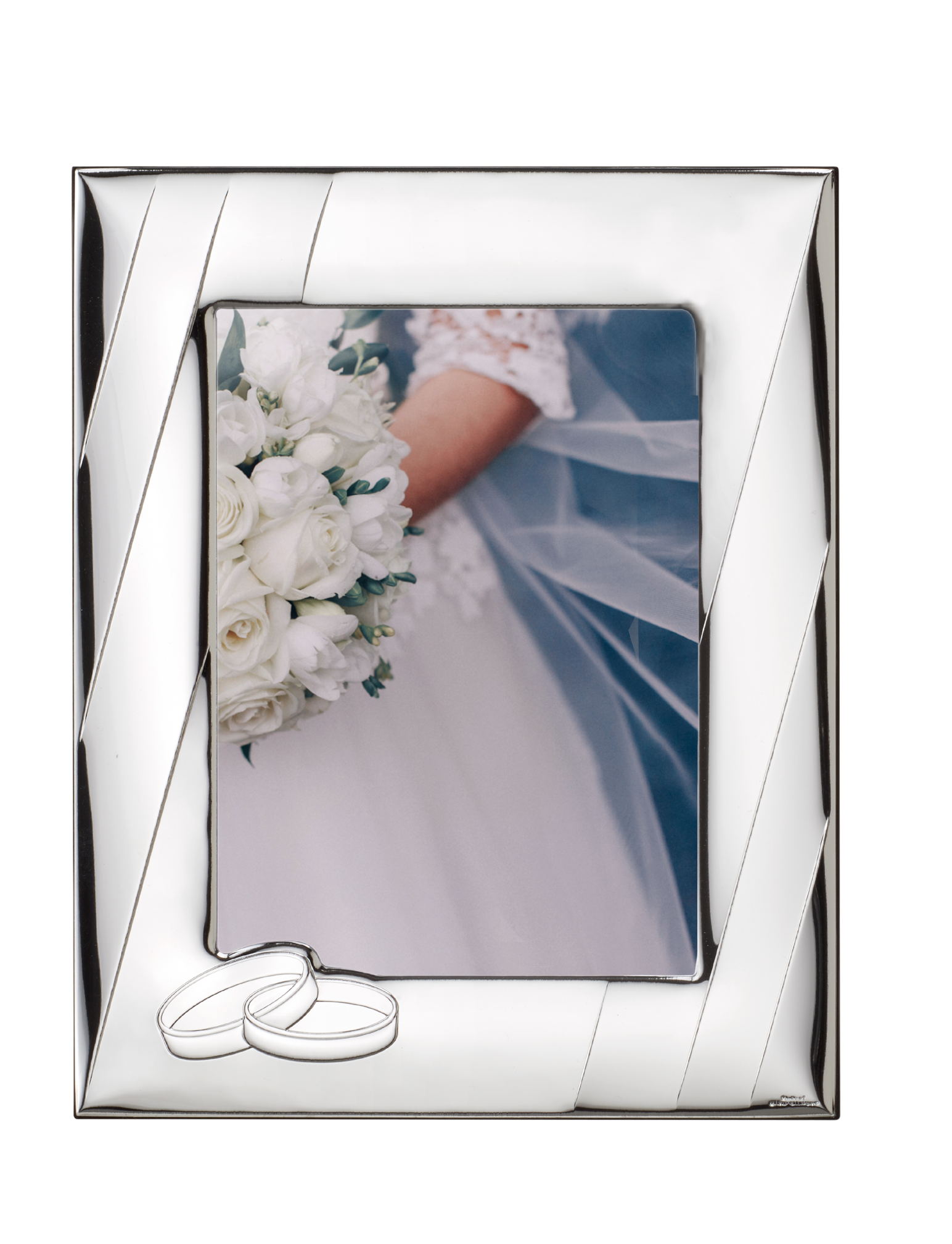 Elegant silver wedding photo frame with decorative rings, available in 13 x 18 cm and 18 x 24 cm, W1104 W1105