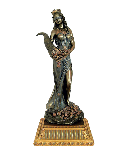 Tykhe, Glücksgöttin mit verbundenen Augen und Holzsockel (große Größe)