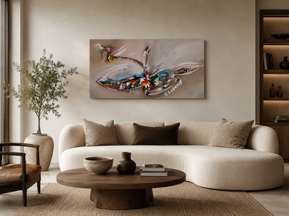 Large abstract bird crane wall art displayed in a modern living room interior, G007
