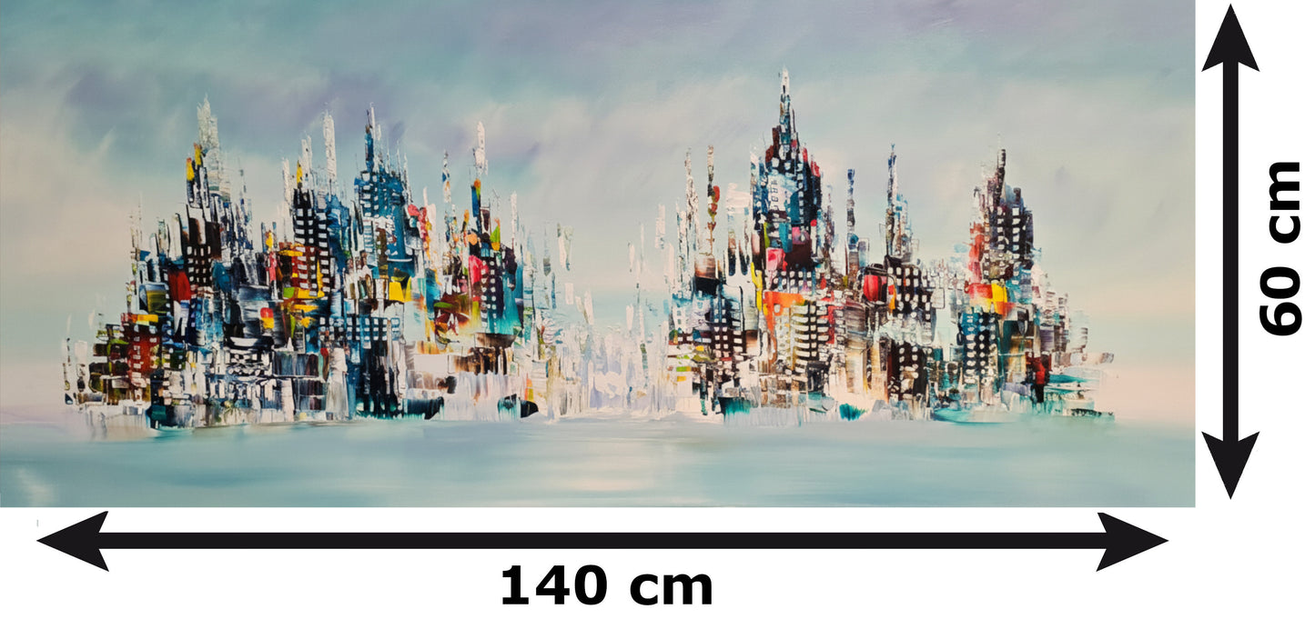 Abstract cityscape painting on canvas, 140 x 60 cm, original hand-painted wall art by Gena