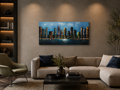 Large abstract cityscape wall art displayed in a modern living room interior, G037