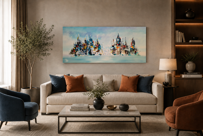 Large abstract cityscape wall art displayed above a sofa in a modern living room interior