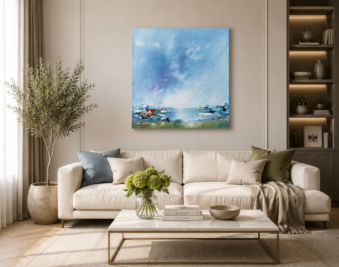Square abstract coastal seascape wall art displayed in a modern living room interior, G002