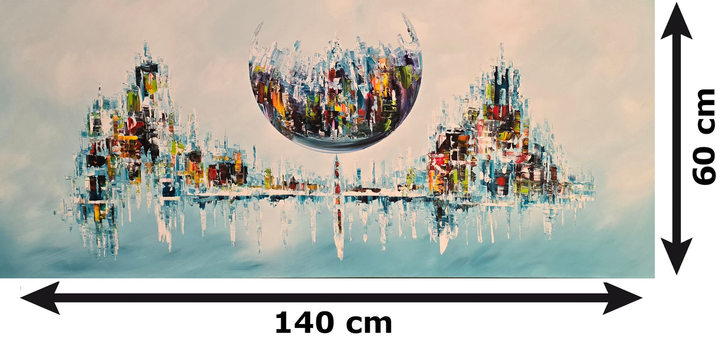 Abstract futuristic cityscape painting on canvas, 140 x 60 cm, original hand-painted wall art by Gena, G027