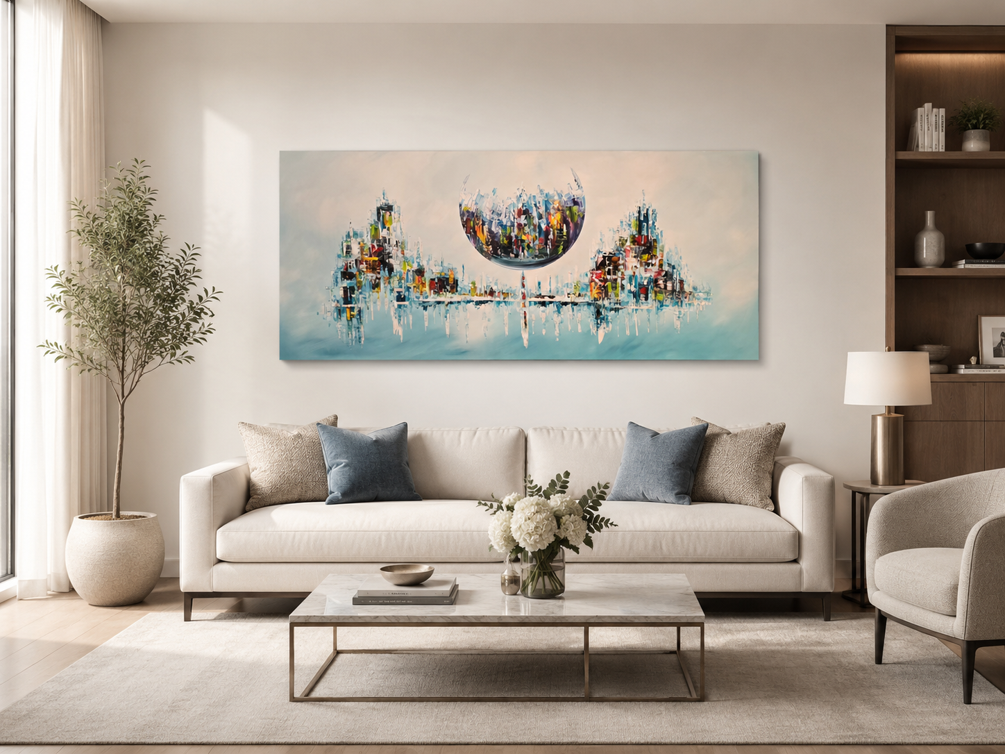 Large abstract futuristic cityscape wall art displayed in a modern living room interior, G027