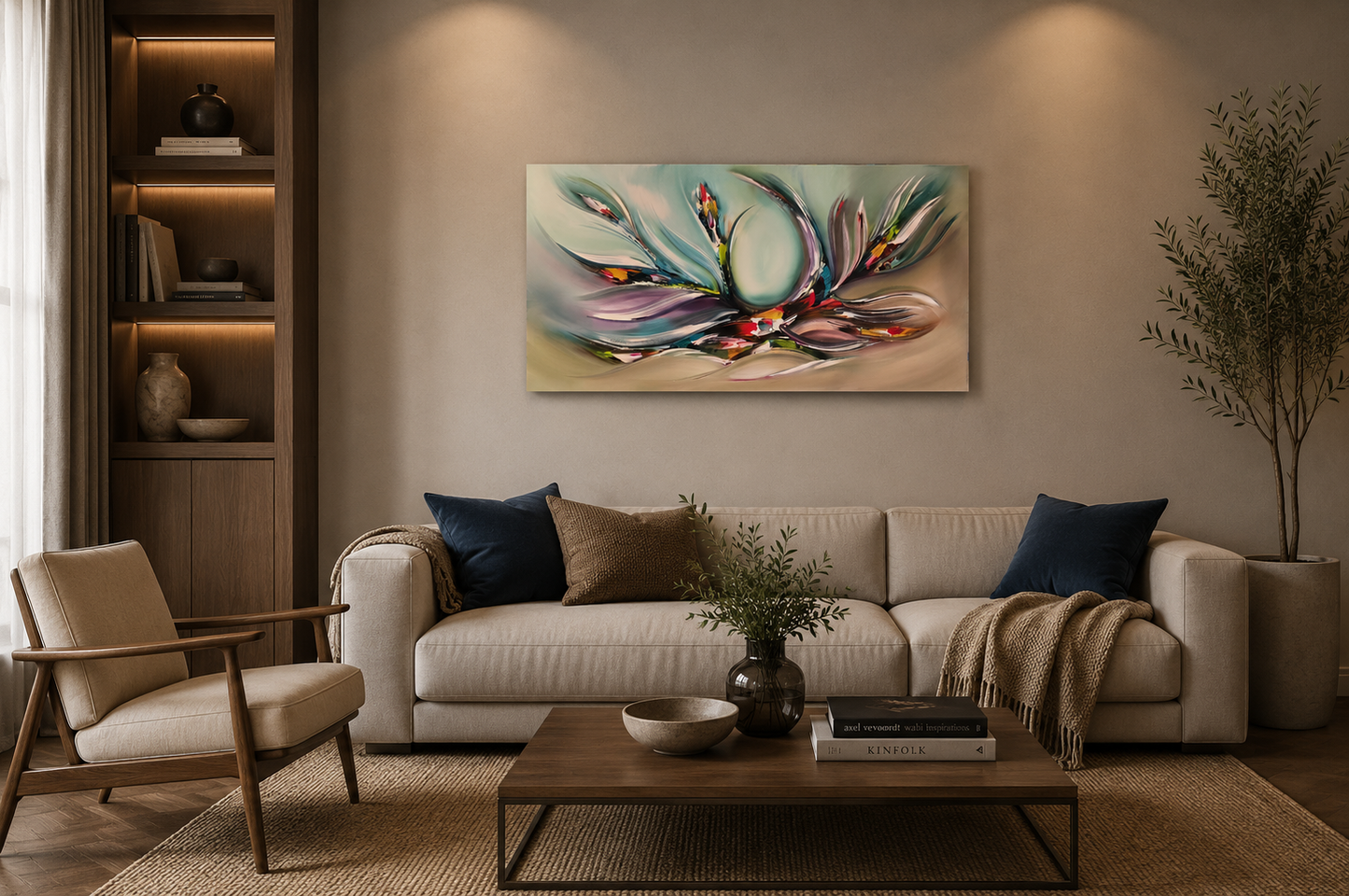 Large abstract lotus wall art displayed in a modern living room interior, G024