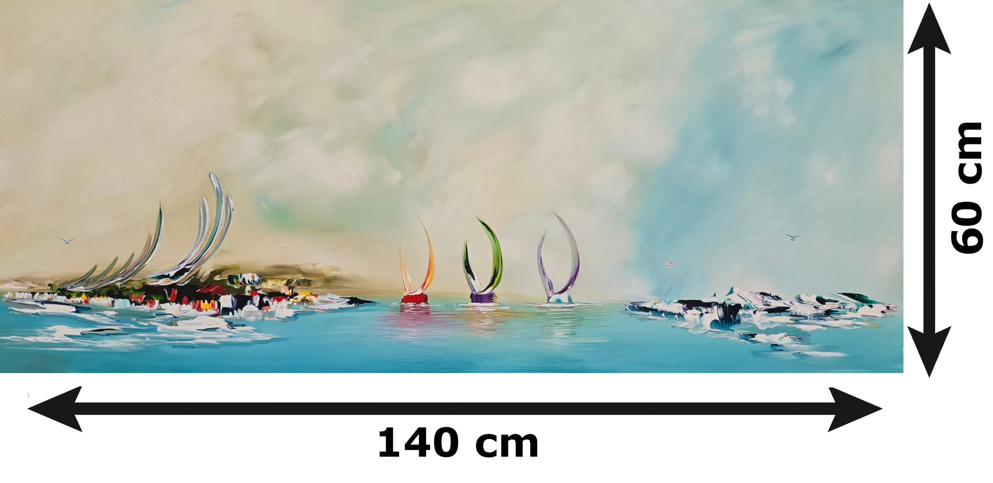 Abstract seascape sailboats painting on canvas, 140 x 60 cm, original hand-painted wall art by Gena, G016