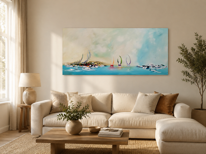 Large abstract seascape sailboats wall art displayed in a modern living room interior, G016