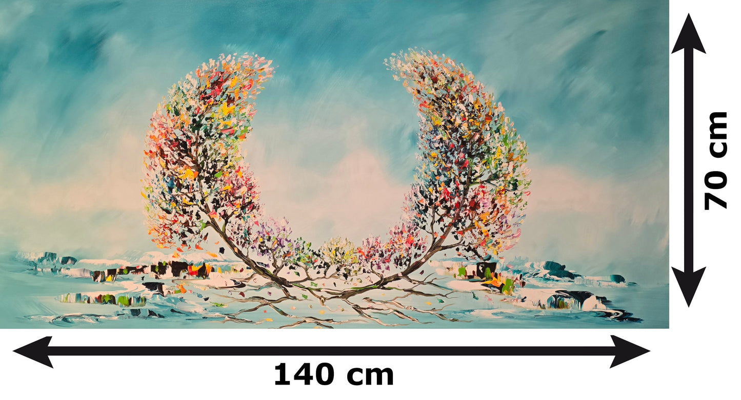 Abstract twin tree painting on canvas, 140 x 70 cm, original hand-painted wall art by Gena, G011