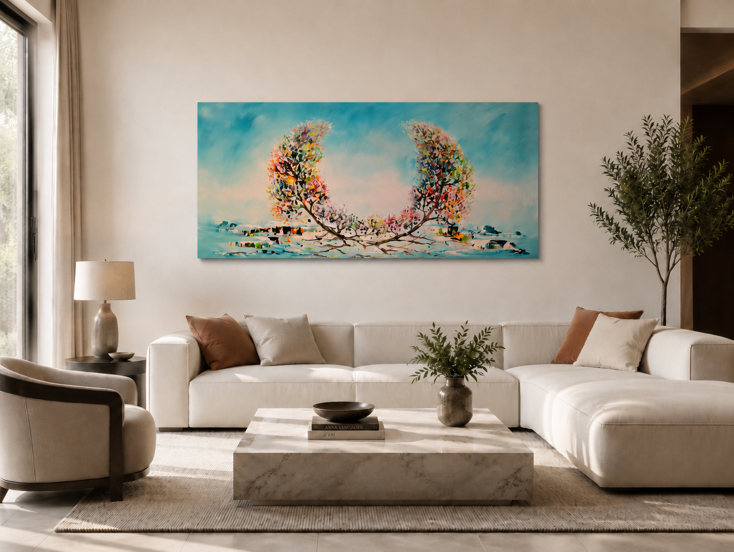 Large abstract twin tree wall art displayed in a modern living room interior, G011