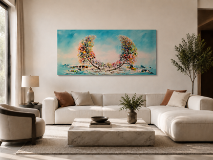 Large abstract twin tree wall art displayed in a modern living room interior, G011