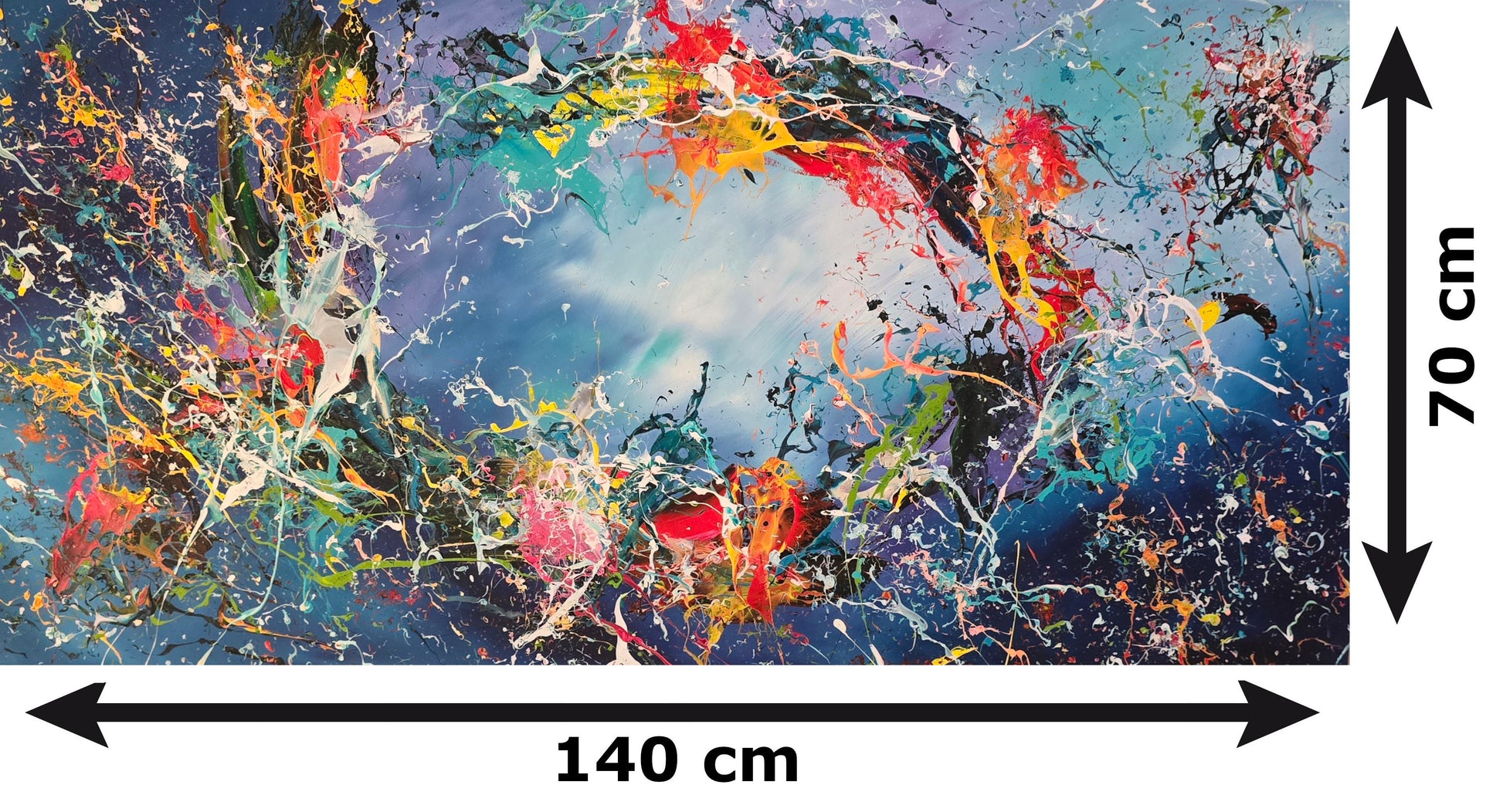 Colorful blue abstract painting on canvas, 140 x 70 cm, original hand-painted wall art by Gena, G005
