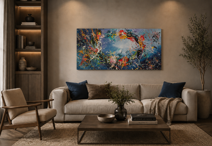 Large colorful blue abstract wall art displayed in a modern living room interior, G005