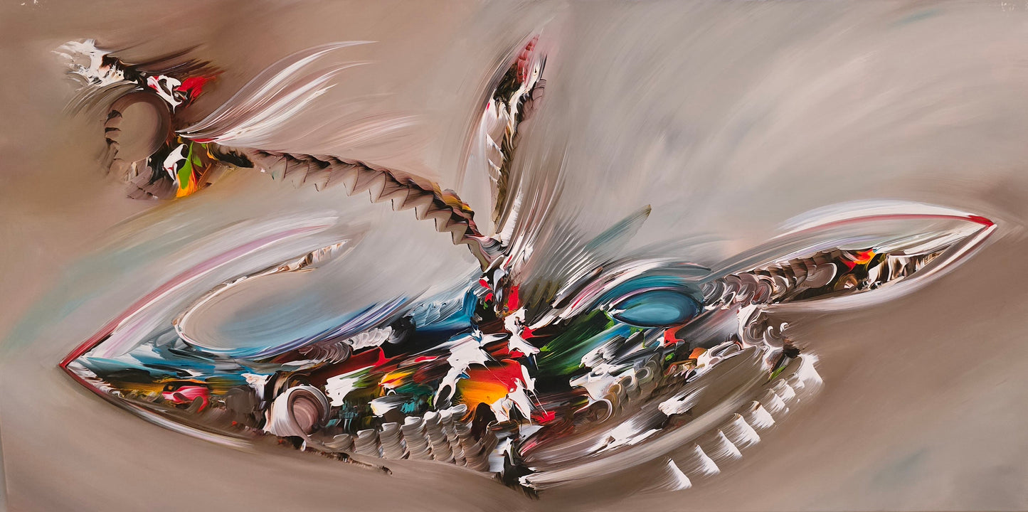 Original hand-painted abstract bird painting on canvas with sweeping wings and soft neutral background, G007