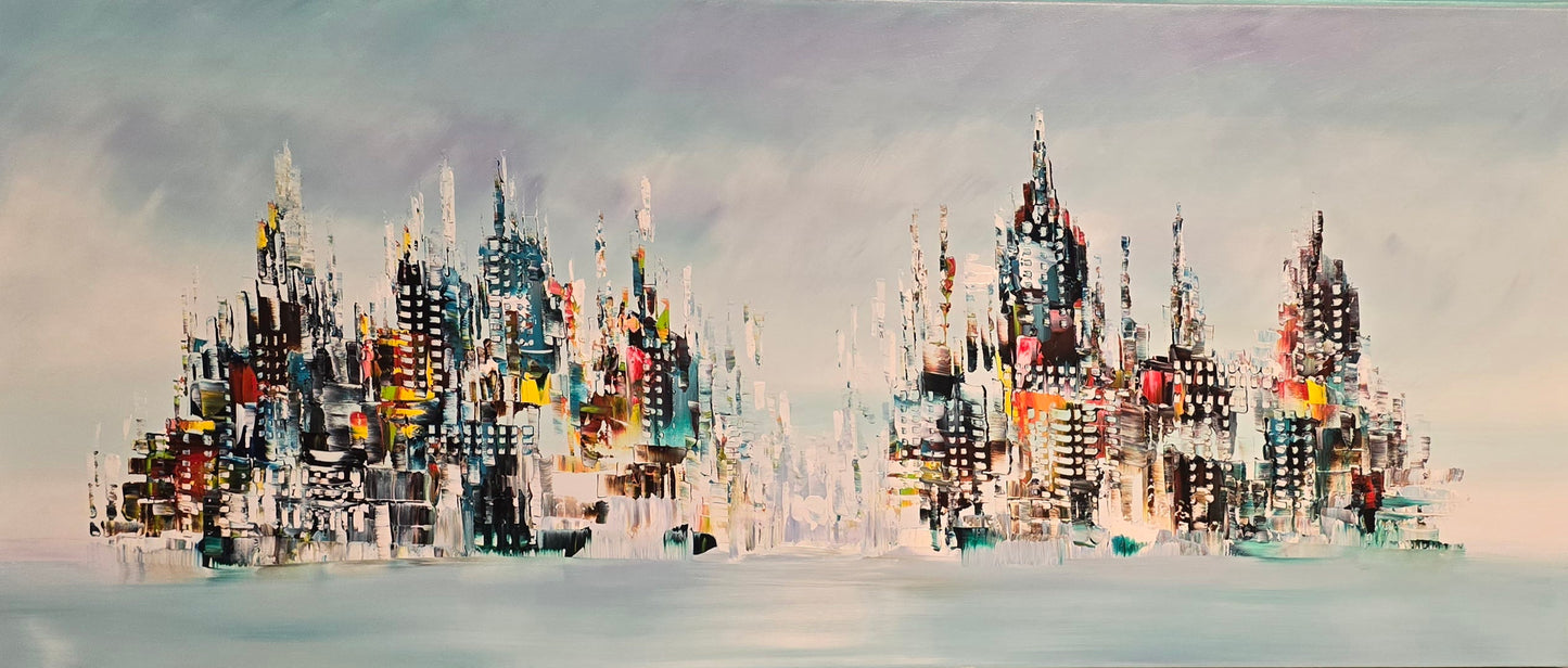 Original hand-painted abstract cityscape painting on canvas with modern skyline in blue and turquoise tones, G033