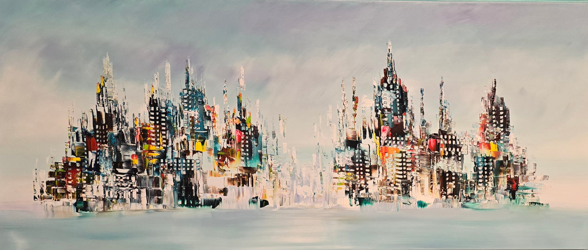 Original hand-painted abstract cityscape painting on canvas with modern skyline in blue and turquoise tones, G033