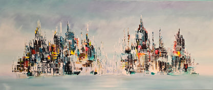 Original hand-painted abstract cityscape painting on canvas with modern skyline in blue and turquoise tones, G033