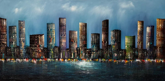 Original hand-painted abstract cityscape painting on canvas with a modern night skyline and water reflections, G037