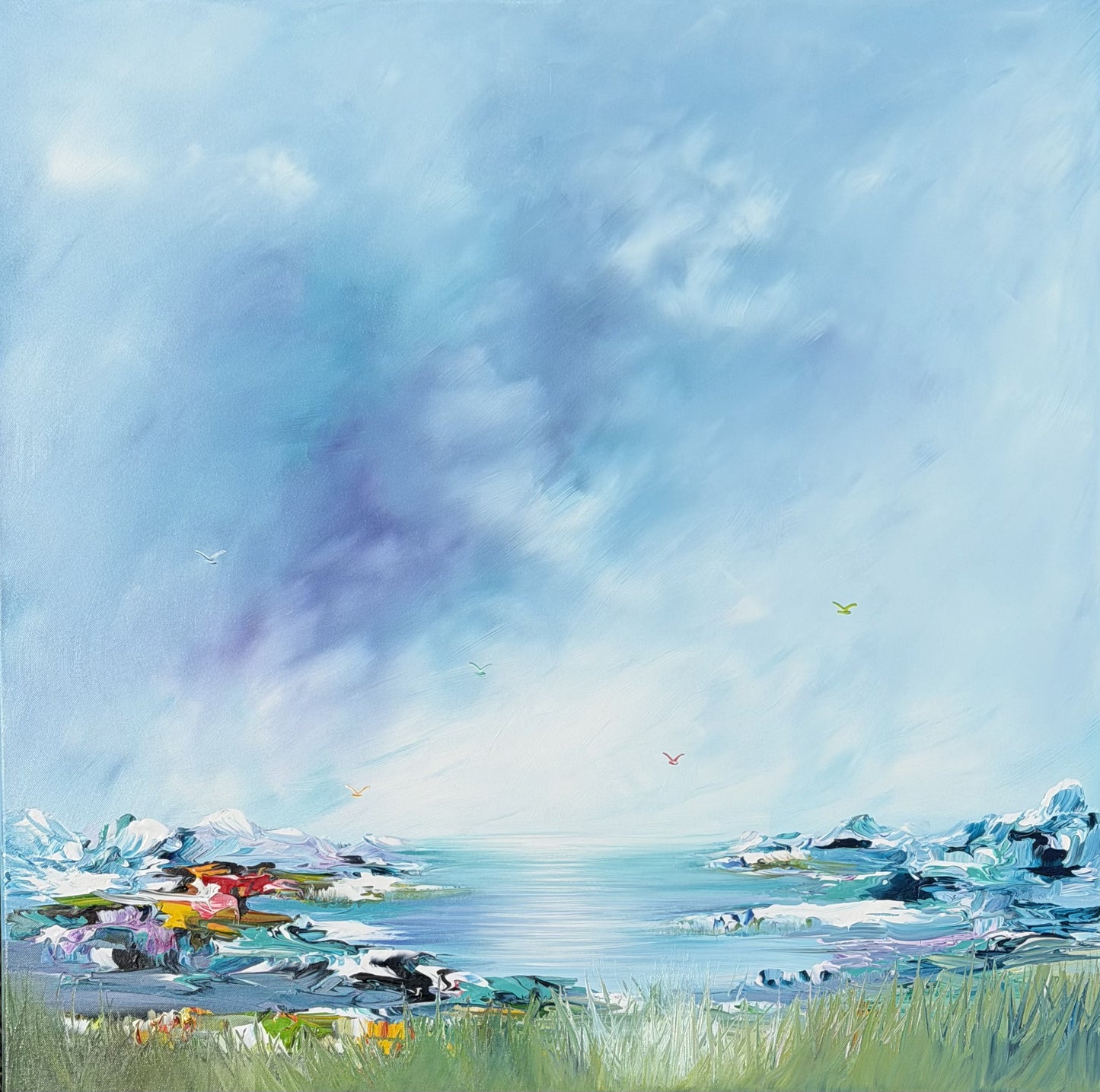 Original hand-painted abstract seascape painting on canvas with soft blue sky, calm water, and coastal shoreline details, G002