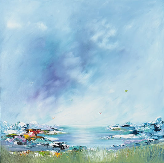 Original hand-painted abstract seascape painting on canvas with soft blue sky, calm water, and coastal shoreline details, G002