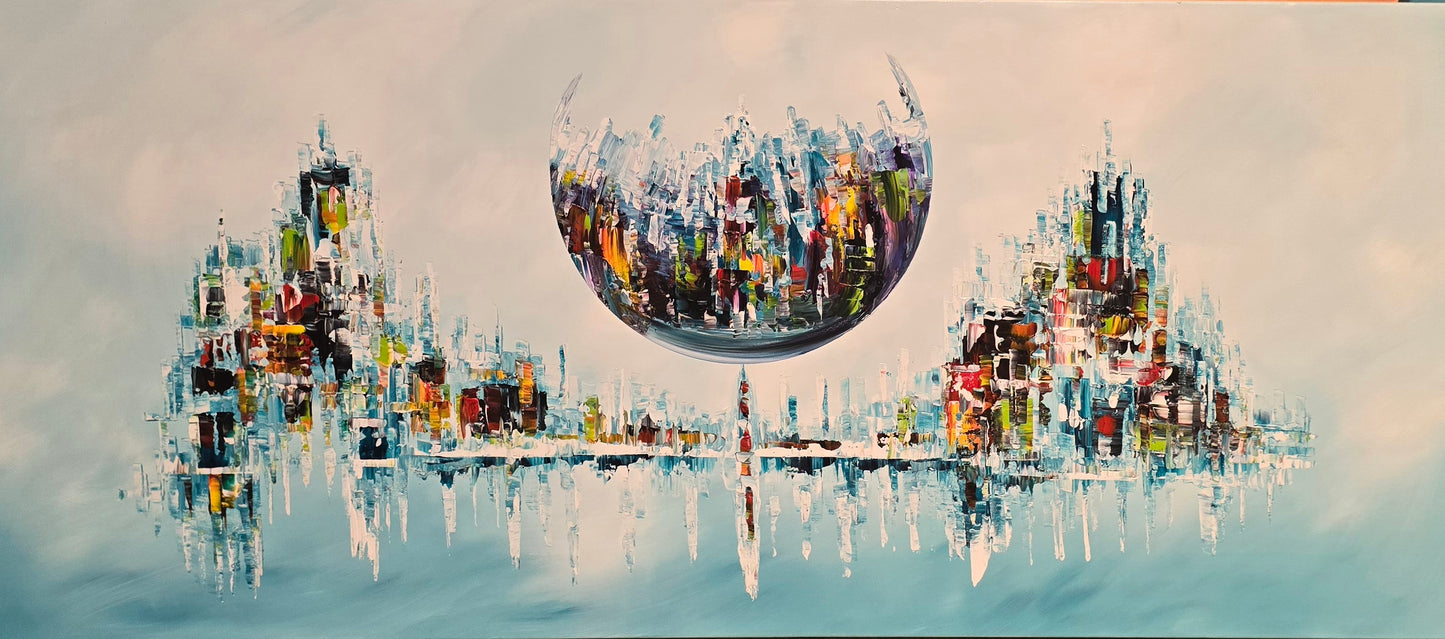 Original hand-painted abstract cityscape painting on canvas with futuristic skyline and floating sphere, G027