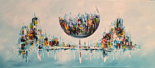 Original hand-painted abstract cityscape painting on canvas with futuristic skyline and floating sphere, G027