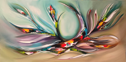 Original hand-painted abstract lotus painting on canvas with flowing petals, turquoise tones, and colorful accents, G024